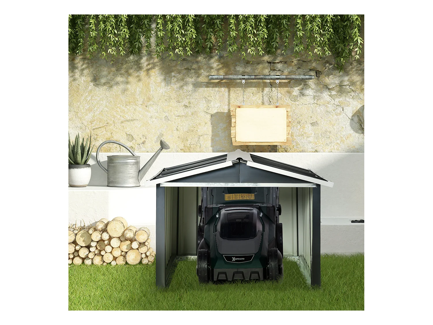 Abri de jardin pour tondeuse à gazon robot-tondeuse - garage tondeuse robot - tôle acier ondulé gris blanc