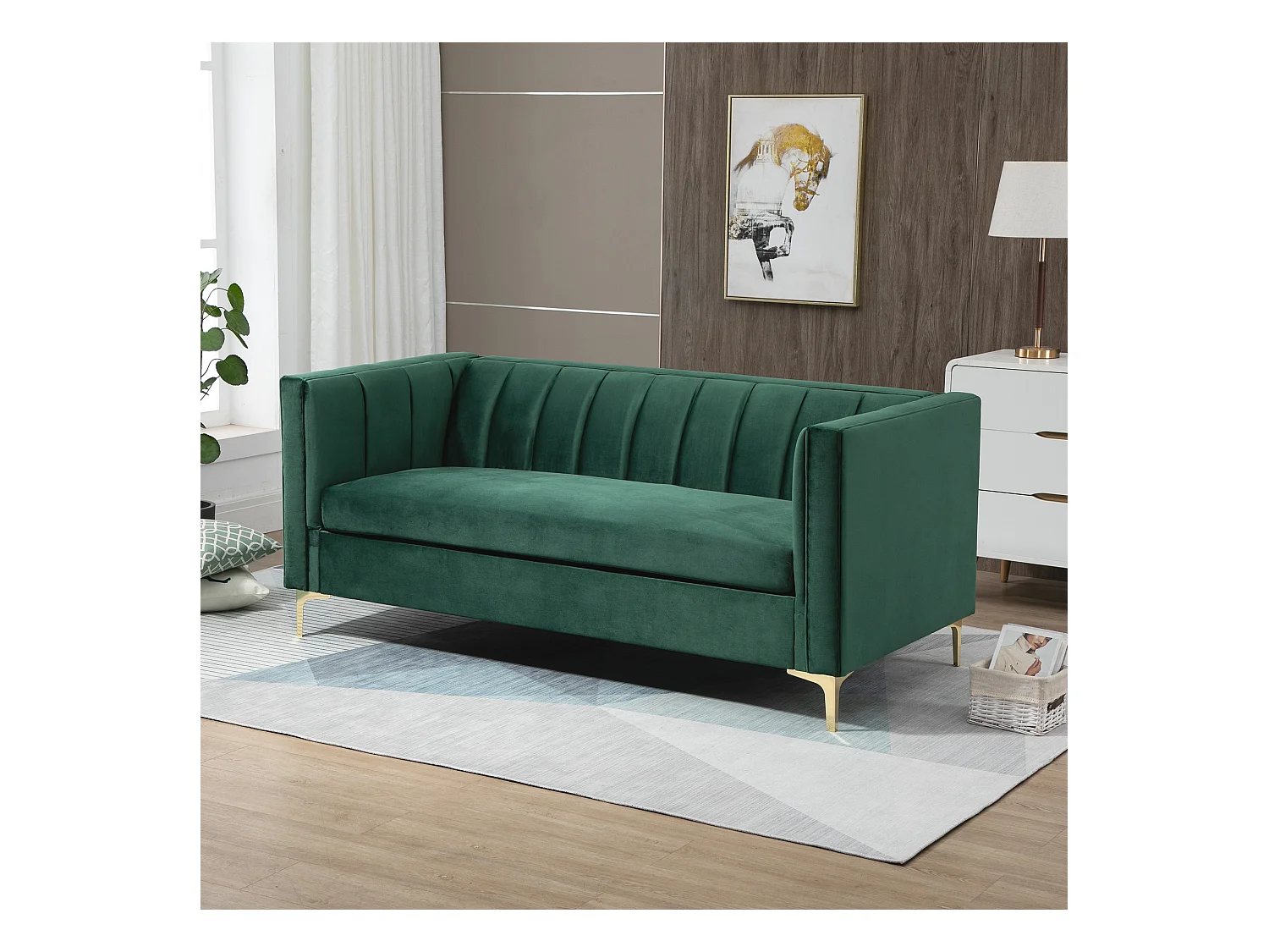 Canapé 3 places style Art Déco piètement acier doré revêtement velours vert sapin