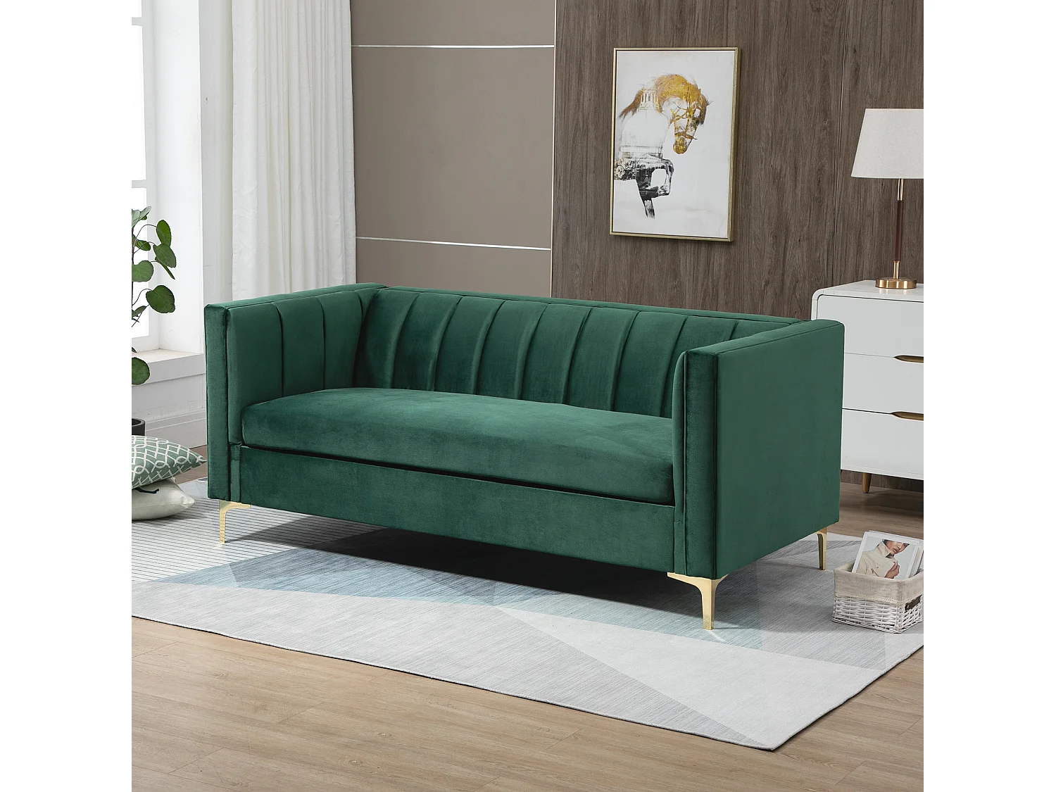 Canapé 3 places style Art Déco piètement acier doré revêtement velours vert sapin