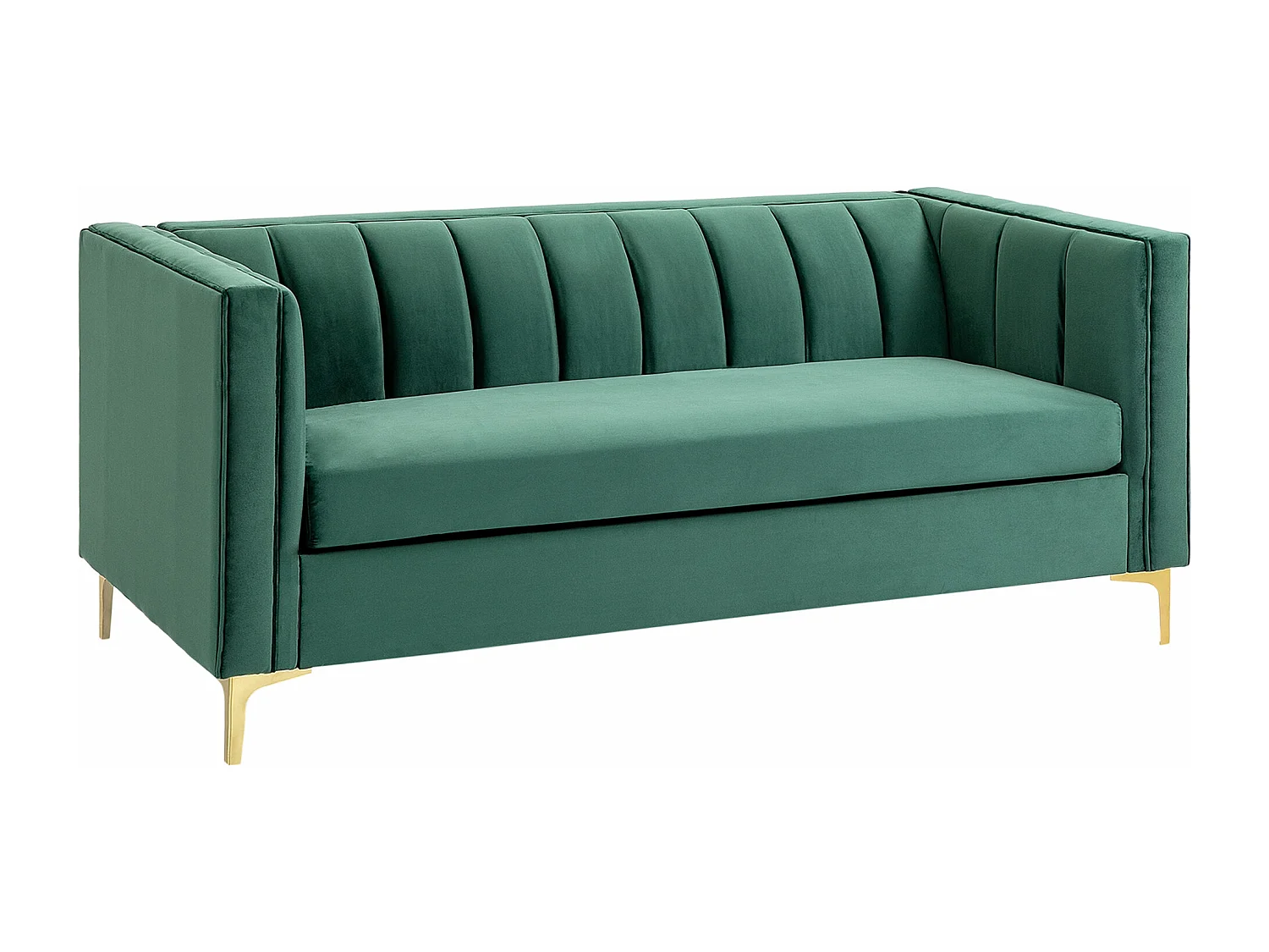 Canapé 3 places style Art Déco piètement acier doré revêtement velours vert sapin