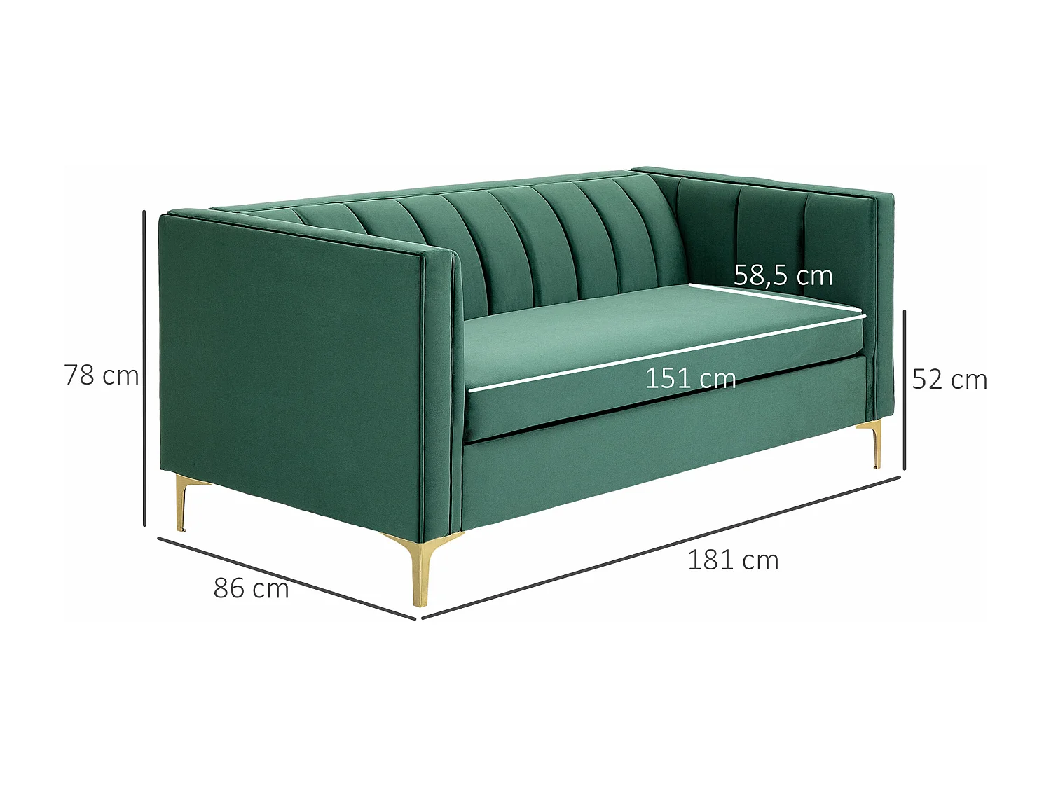 Canapé 3 places style Art Déco piètement acier doré revêtement velours vert sapin