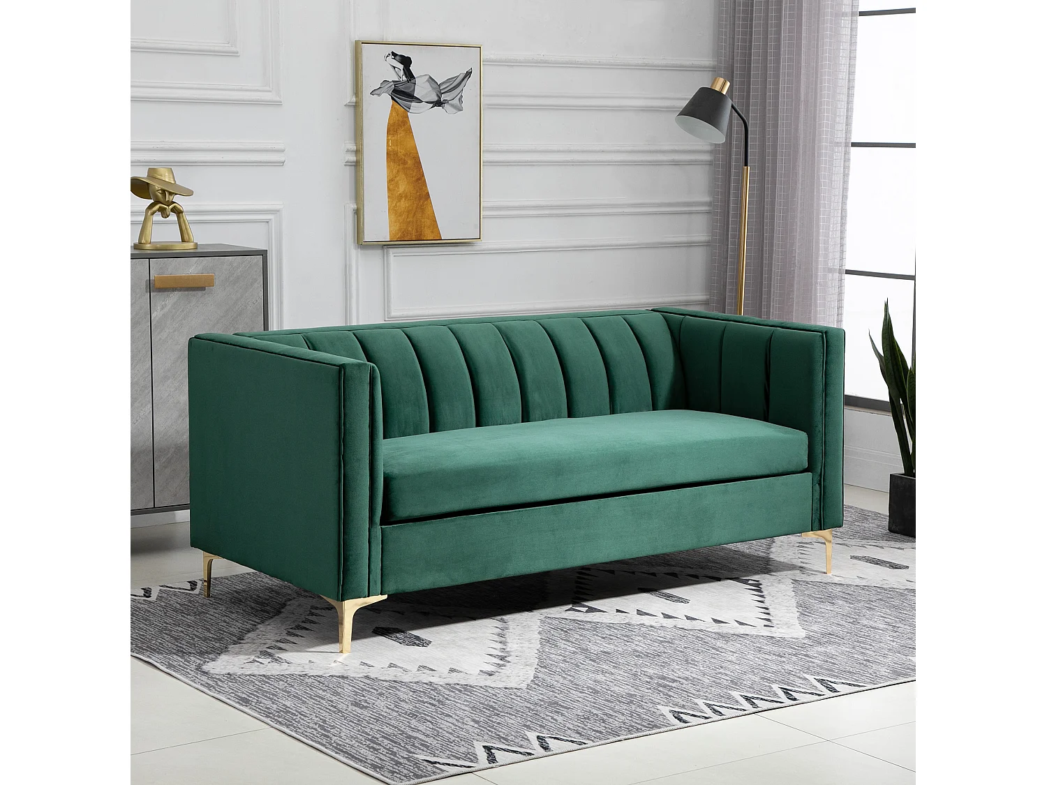 Canapé 3 places style Art Déco piètement acier doré revêtement velours vert sapin