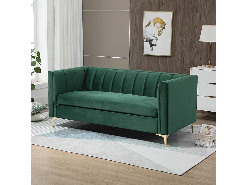 Canapé 3 places style Art Déco piètement acier doré revêtement velours vert sapin