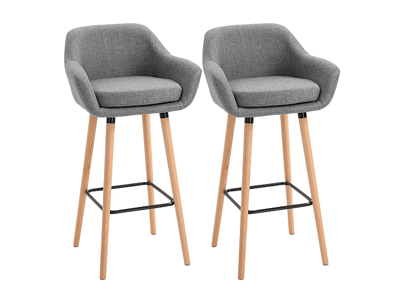 Tabourets de bar design scandinave - lot de 2 tabourets de bar grand confort avec repose-pieds et accoudoirs - bois de hêtre lin gris chiné