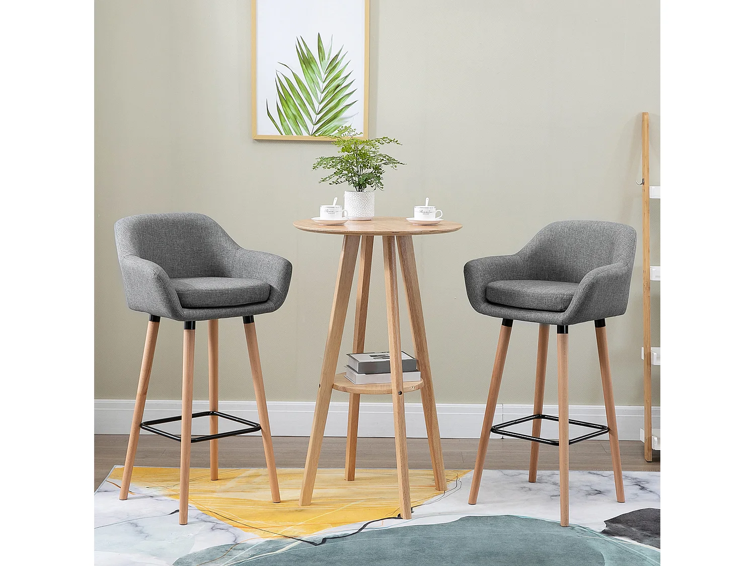 Tabourets de bar design scandinave - lot de 2 tabourets de bar grand confort avec repose-pieds et accoudoirs - bois de hêtre lin gris chiné