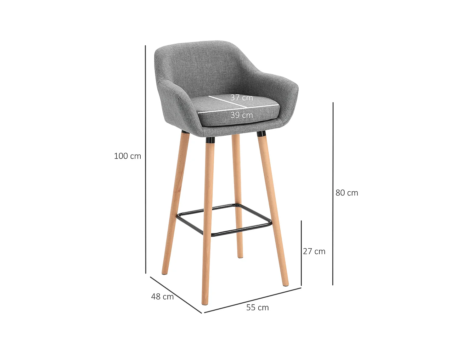 Tabourets de bar design scandinave - lot de 2 tabourets de bar grand confort avec repose-pieds et accoudoirs - bois de hêtre lin gris chiné