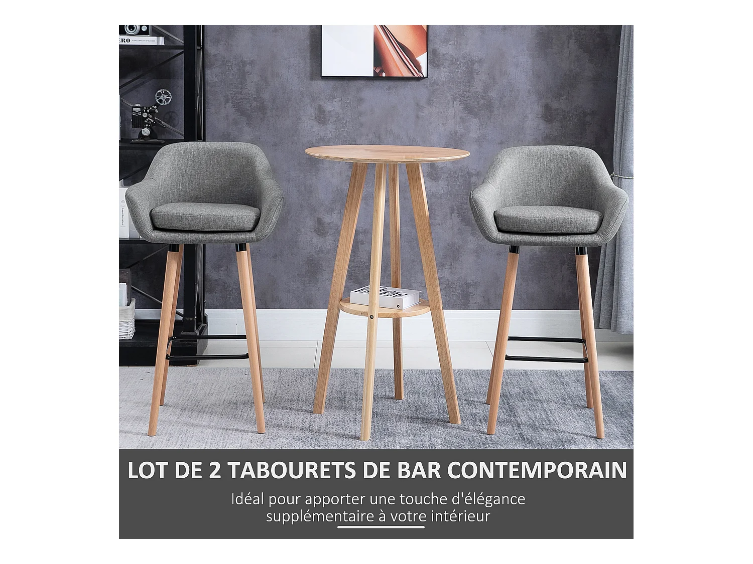 Tabourets de bar design scandinave - lot de 2 tabourets de bar grand confort avec repose-pieds et accoudoirs - bois de hêtre lin gris chiné