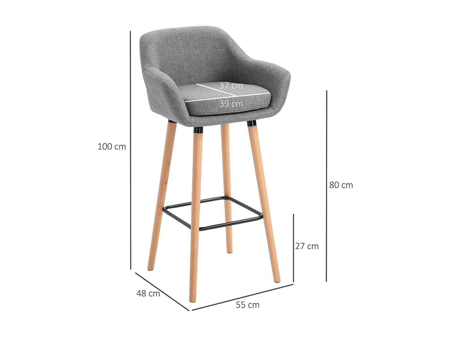 Tabourets de bar design scandinave - lot de 2 tabourets de bar grand confort avec repose-pieds et accoudoirs - bois de hêtre lin gris chiné
