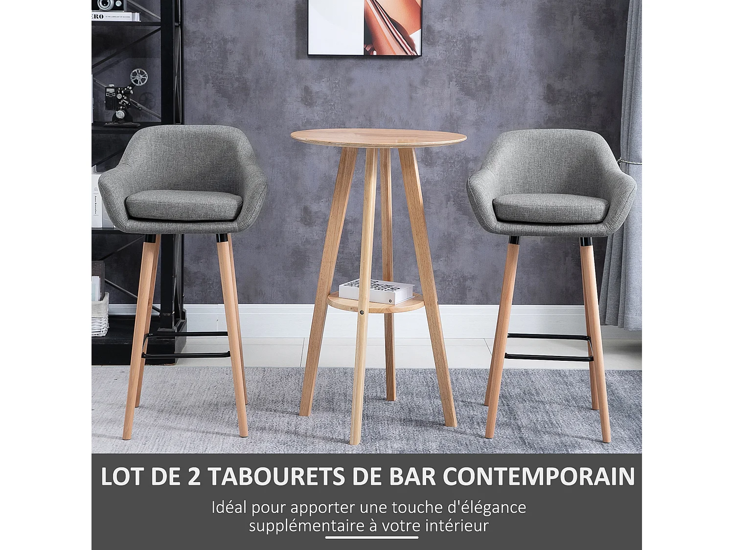 Tabourets de bar design scandinave - lot de 2 tabourets de bar grand confort avec repose-pieds et accoudoirs - bois de hêtre lin gris chiné