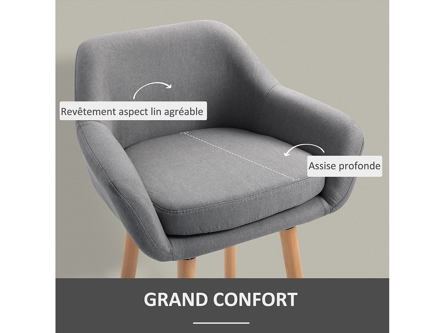 Tabourets de bar design scandinave - lot de 2 tabourets de bar grand confort avec repose-pieds et accoudoirs - bois de hêtre lin gris chiné