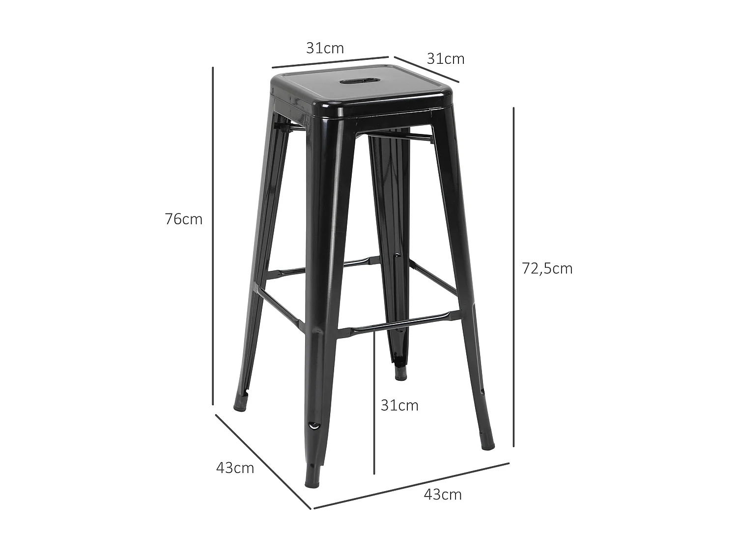 Lot de 4 tabourets de bar industriel empilables hauteur assise 76 cm métal noir
