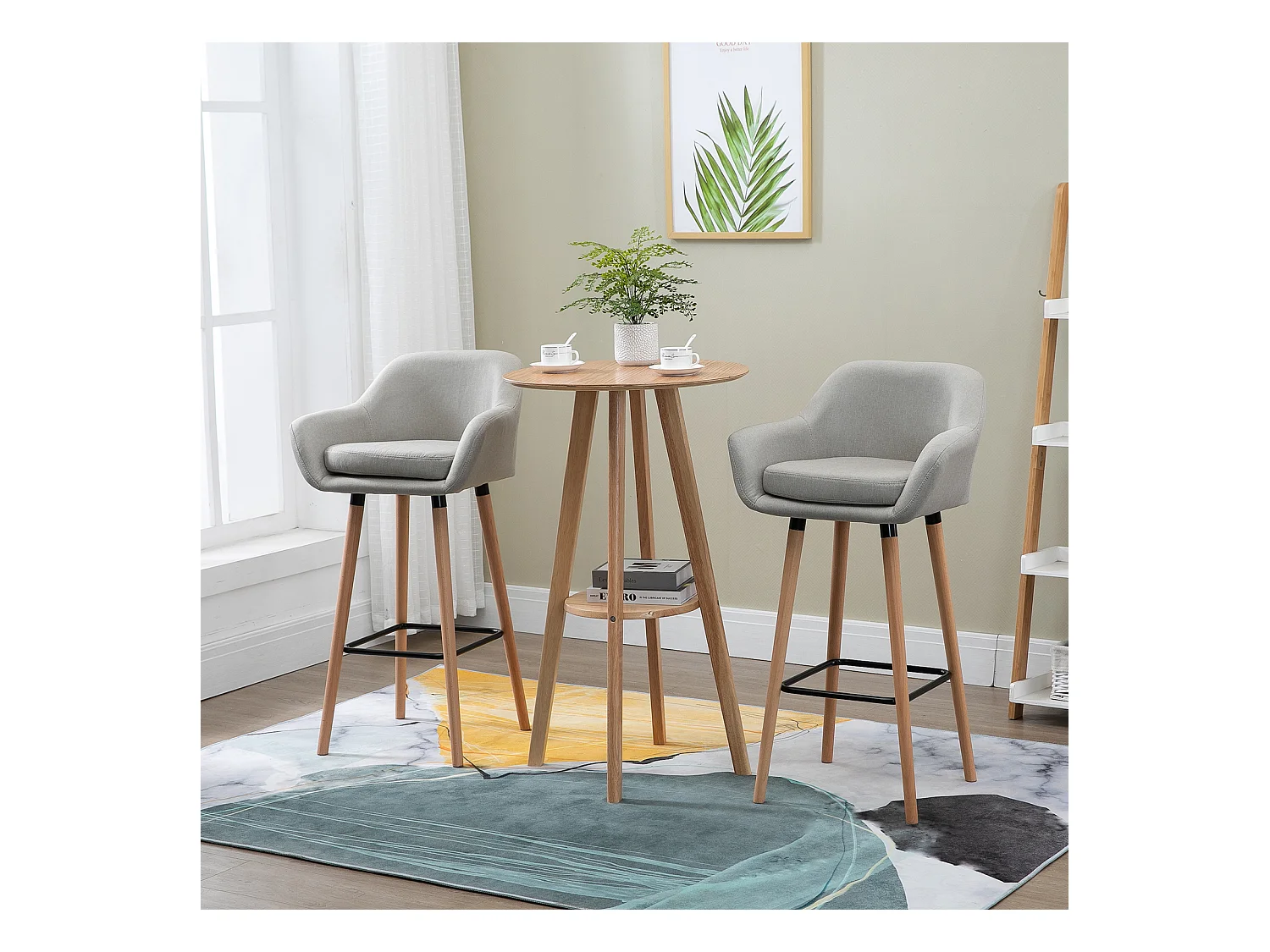 Tabourets de bar design scandinave - lot de 2 tabourets de bar grand confort avec repose-pieds et accoudoirs - bois de hêtre lin beige