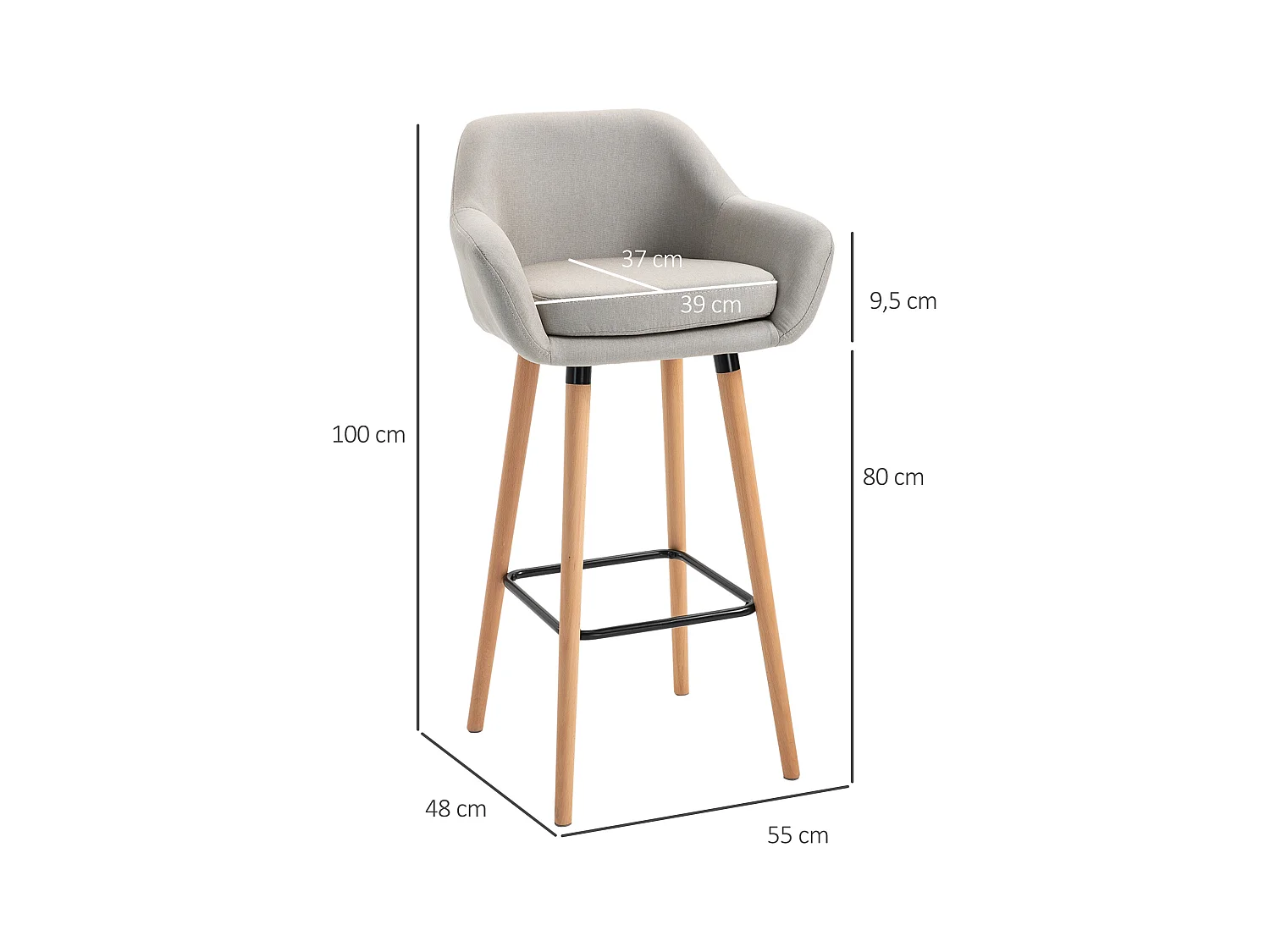 Tabourets de bar design scandinave - lot de 2 tabourets de bar grand confort avec repose-pieds et accoudoirs - bois de hêtre lin beige