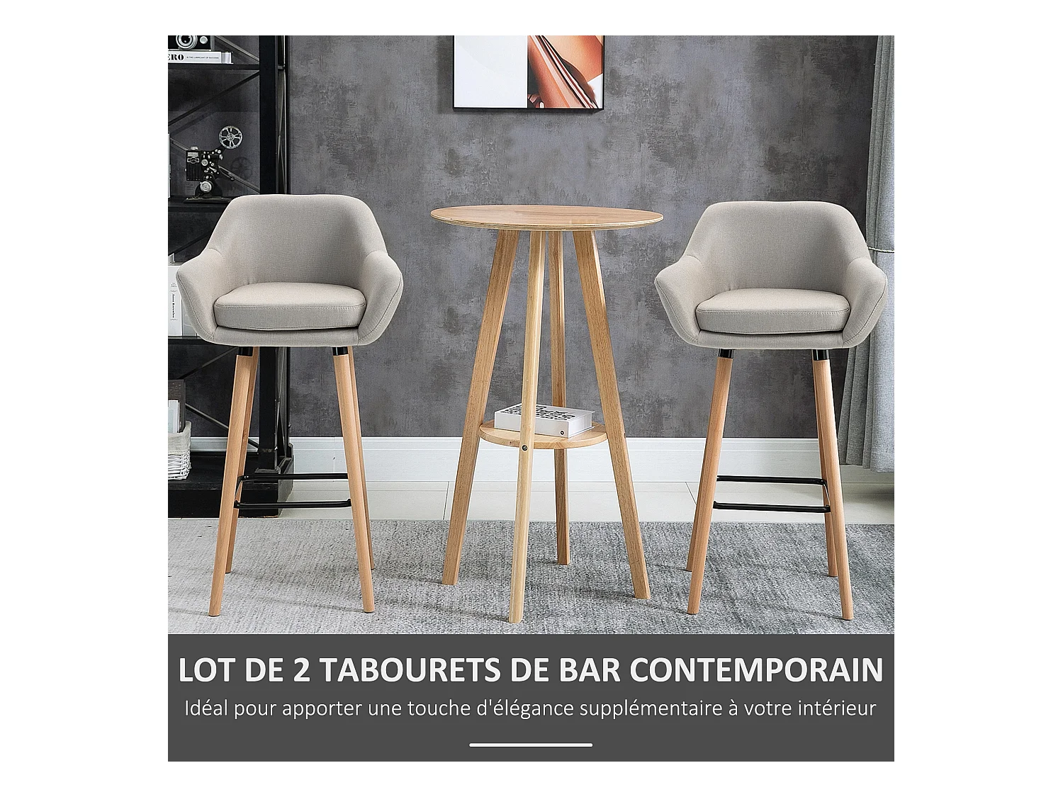 Tabourets de bar design scandinave - lot de 2 tabourets de bar grand confort avec repose-pieds et accoudoirs - bois de hêtre lin beige