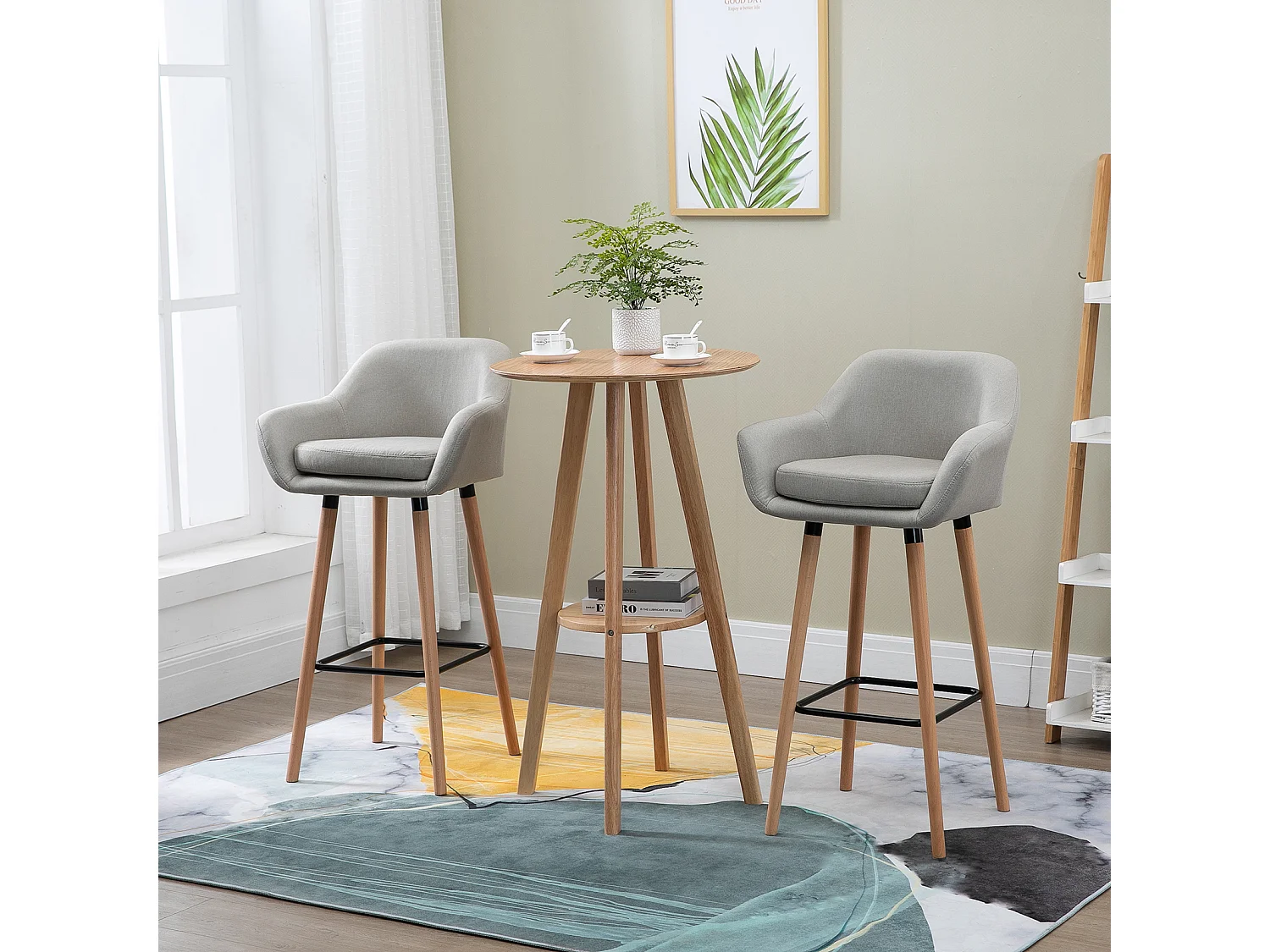 Tabourets de bar design scandinave - lot de 2 tabourets de bar grand confort avec repose-pieds et accoudoirs - bois de hêtre lin beige
