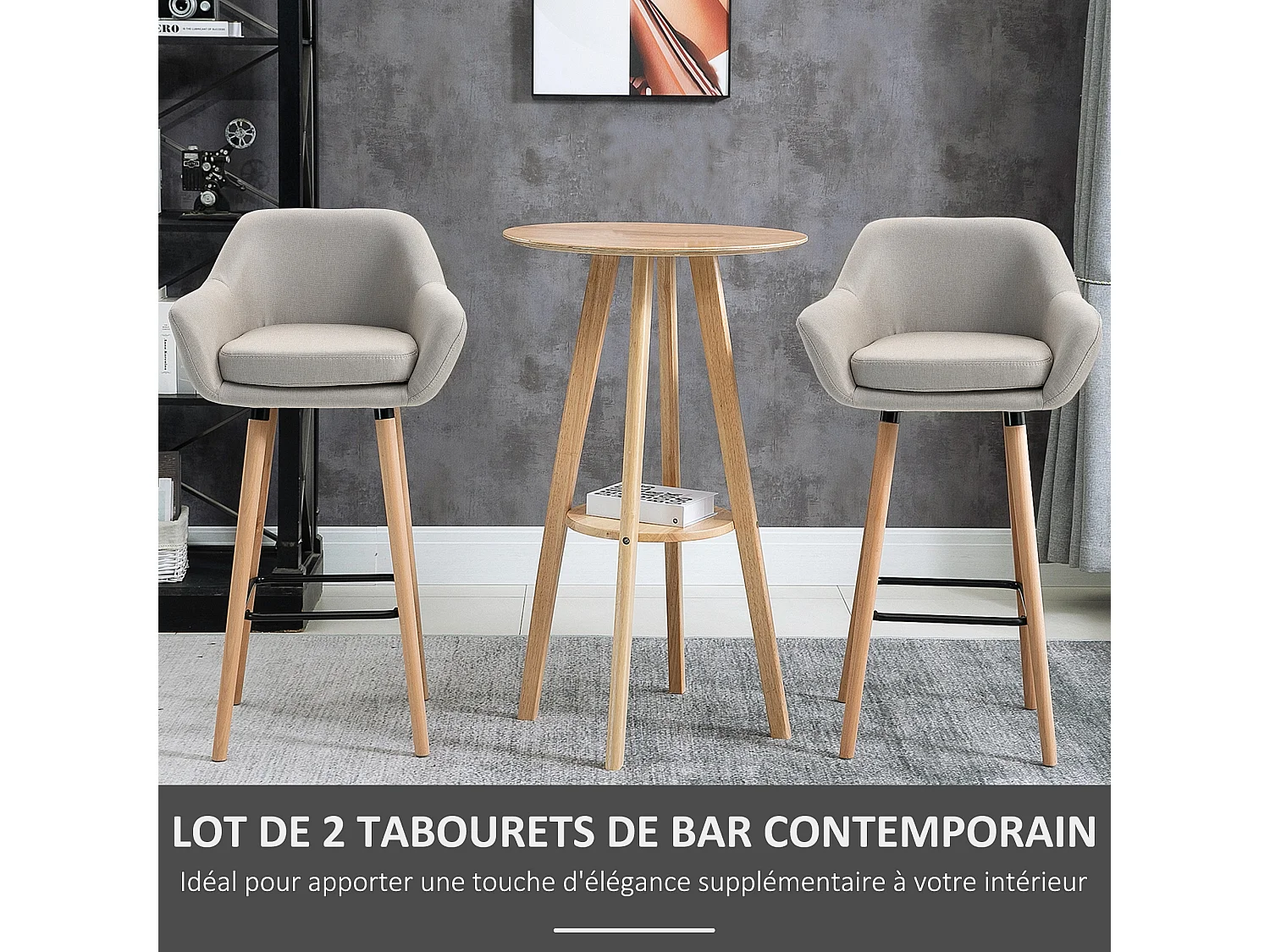 Tabourets de bar design scandinave - lot de 2 tabourets de bar grand confort avec repose-pieds et accoudoirs - bois de hêtre lin beige