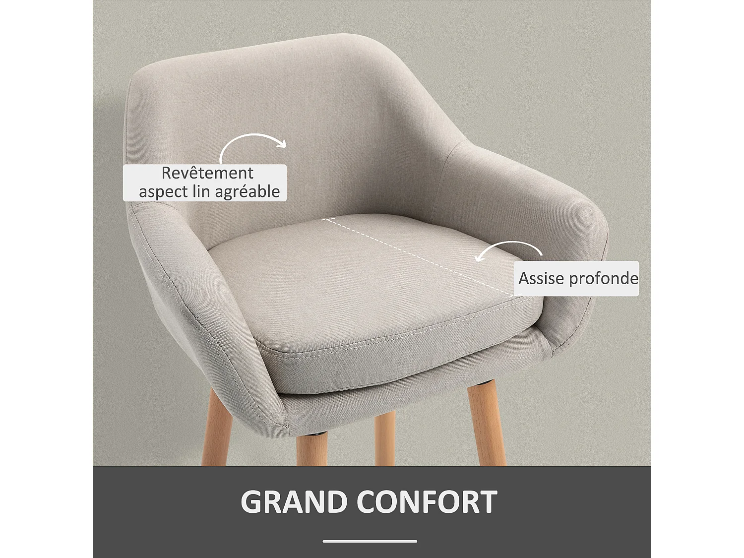 Tabourets de bar design scandinave - lot de 2 tabourets de bar grand confort avec repose-pieds et accoudoirs - bois de hêtre lin beige