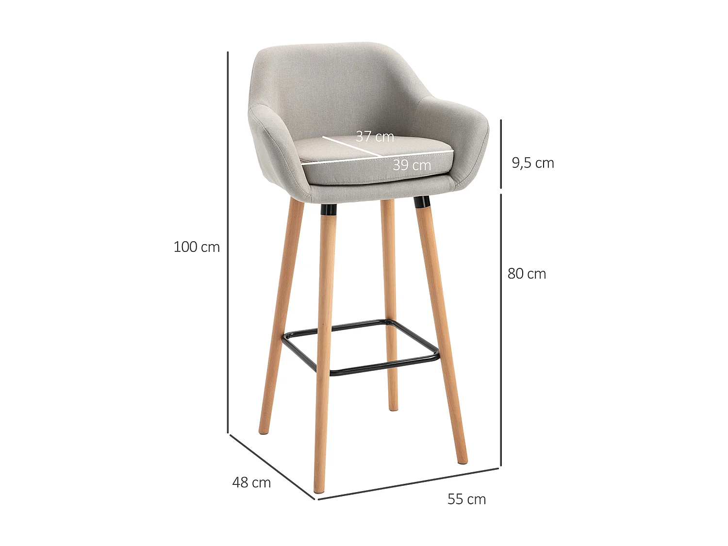 Tabourets de bar design scandinave - lot de 2 tabourets de bar grand confort avec repose-pieds et accoudoirs - bois de hêtre lin beige