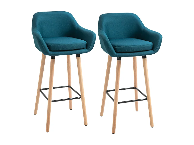 Tabourets de bar design scandinave - lot de 2 tabourets de bar grand confort avec repose-pieds et accoudoirs - bois de hêtre lin bleu canard