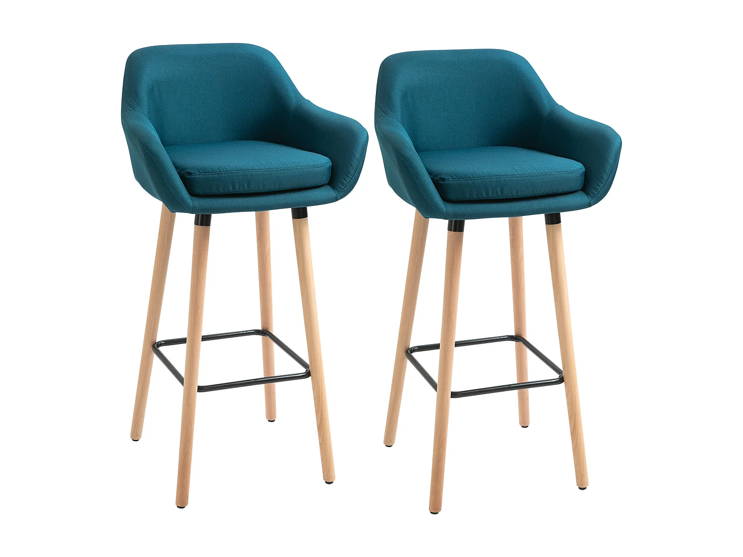 Tabourets de bar design scandinave - lot de 2 tabourets de bar grand confort avec repose-pieds et accoudoirs - bois de hêtre lin bleu canard