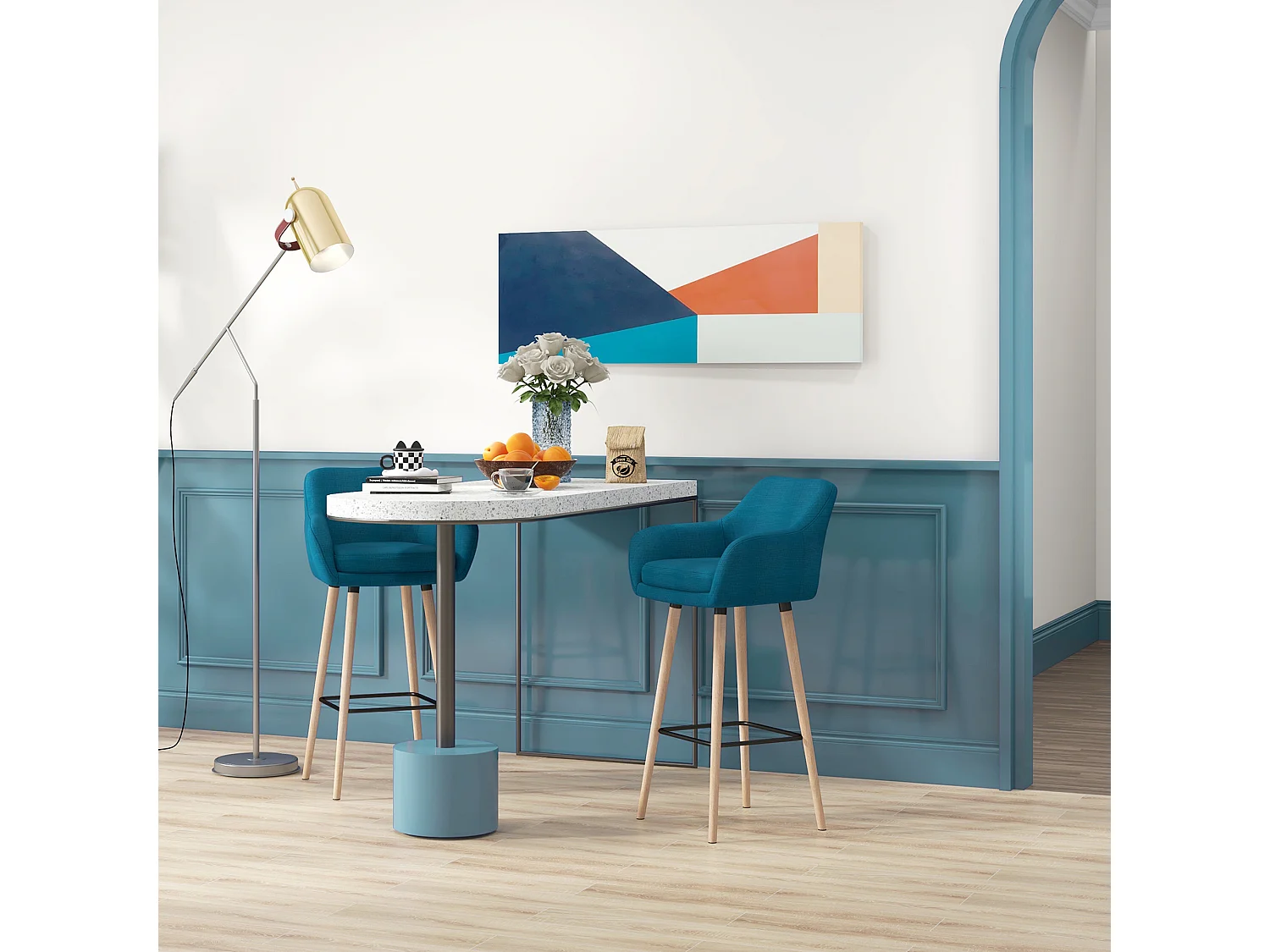 Tabourets de bar design scandinave - lot de 2 tabourets de bar grand confort avec repose-pieds et accoudoirs - bois de hêtre lin bleu canard