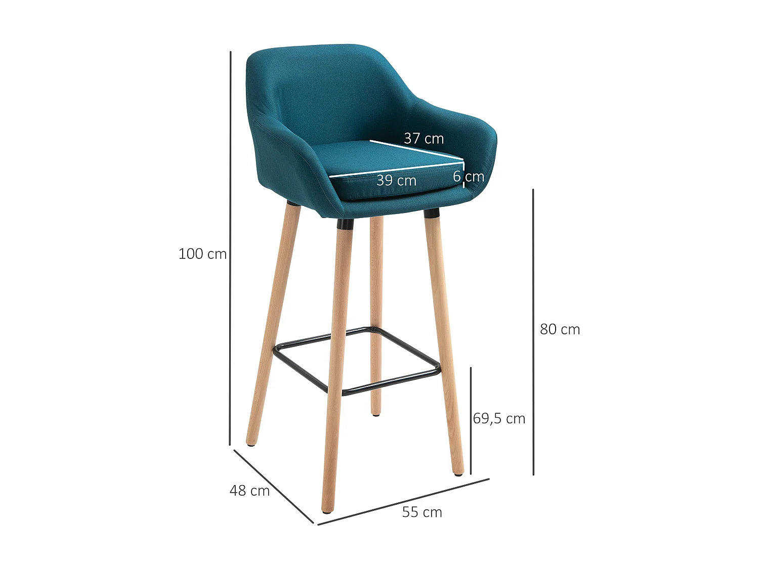 Tabourets de bar design scandinave - lot de 2 tabourets de bar grand confort avec repose-pieds et accoudoirs - bois de hêtre lin bleu canard