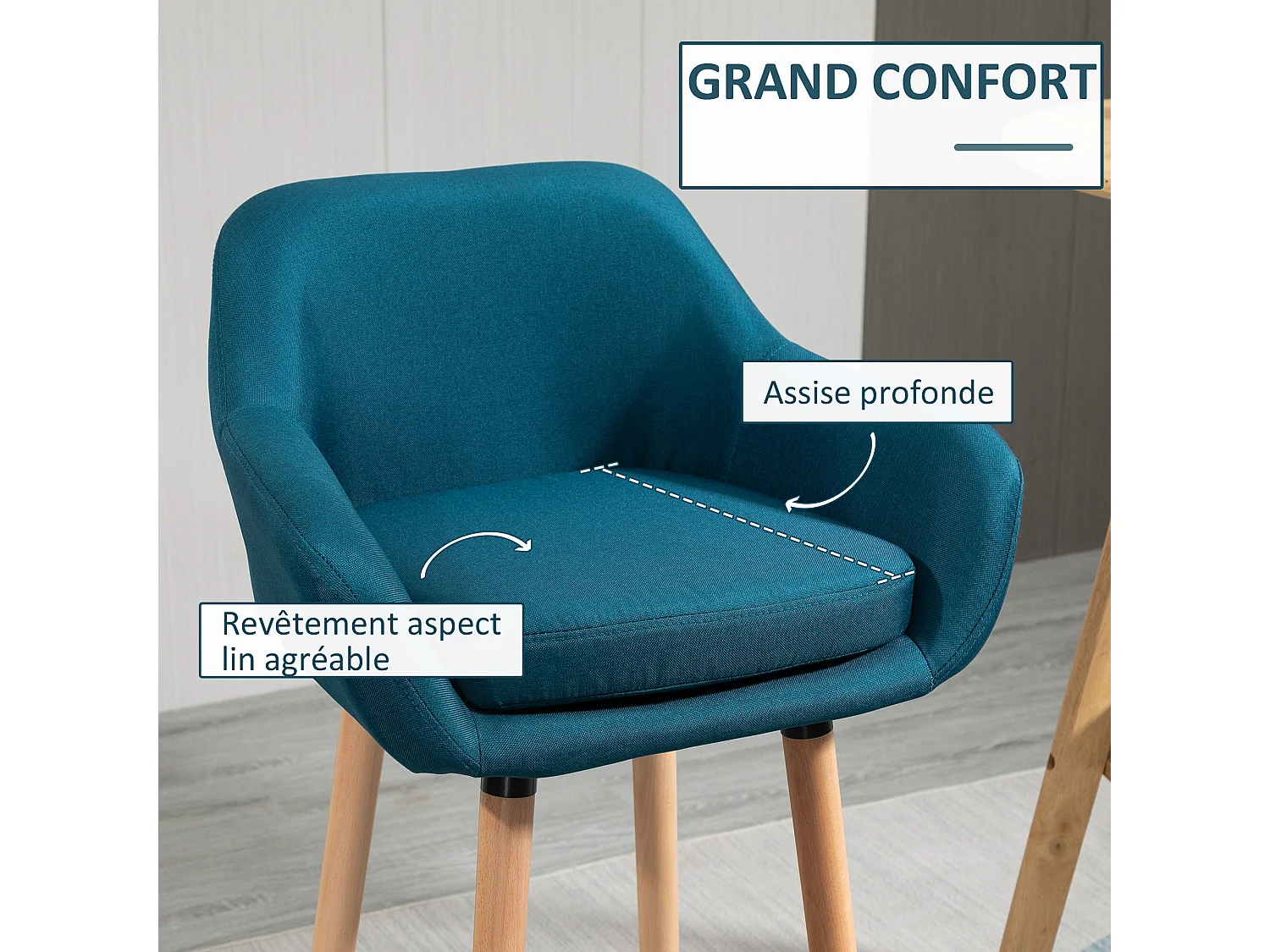 Tabourets de bar design scandinave - lot de 2 tabourets de bar grand confort avec repose-pieds et accoudoirs - bois de hêtre lin bleu canard