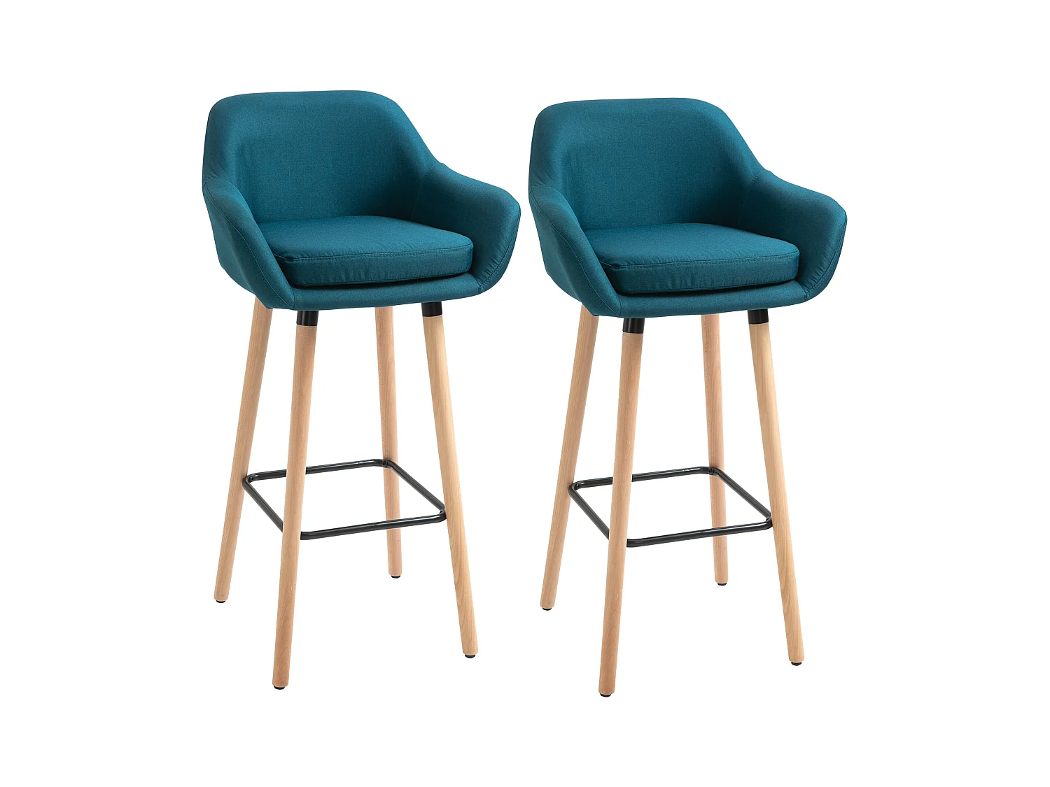 Tabourets de bar design scandinave - lot de 2 tabourets de bar grand confort avec repose-pieds et accoudoirs - bois de hêtre lin bleu canard