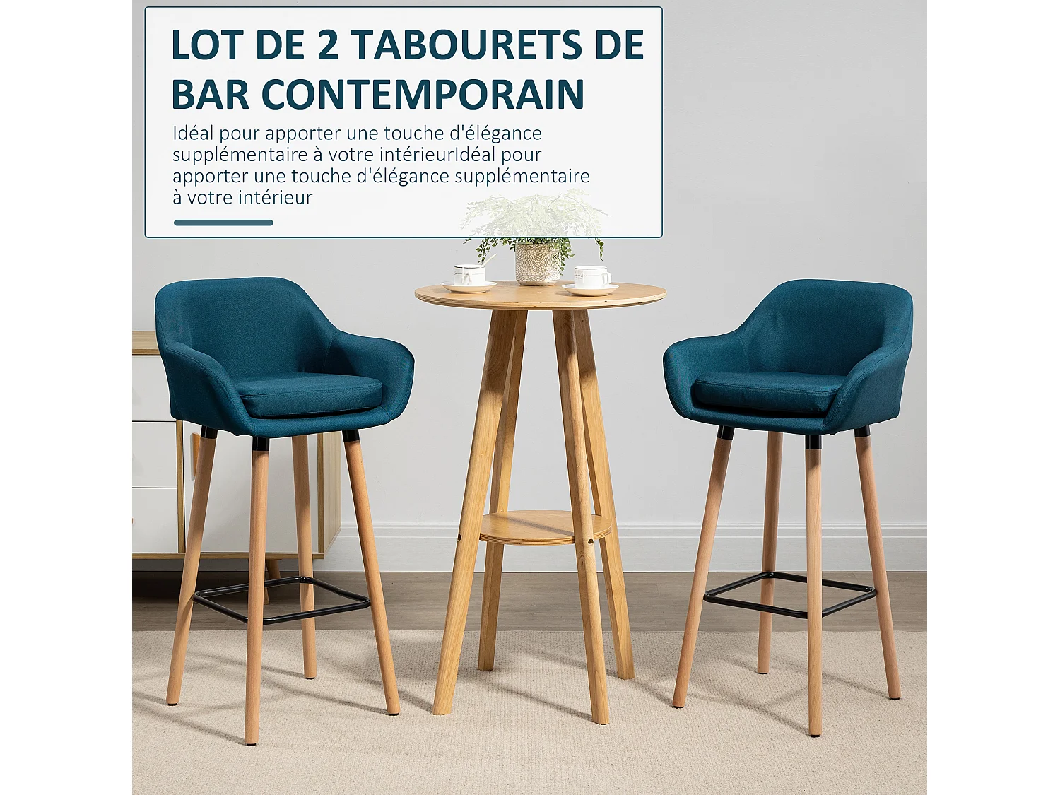 Tabourets de bar design scandinave - lot de 2 tabourets de bar grand confort avec repose-pieds et accoudoirs - bois de hêtre lin bleu canard