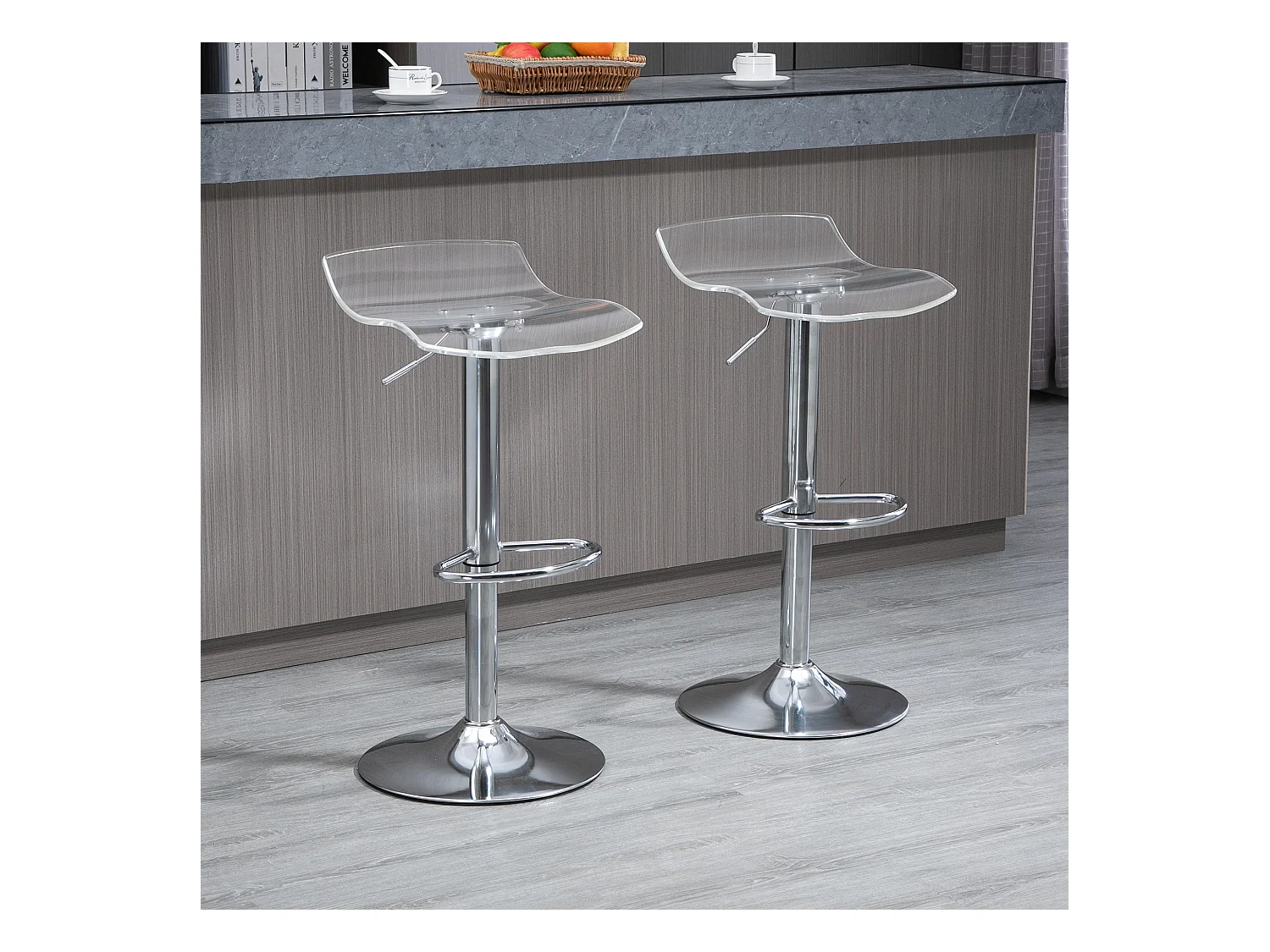 Lot de 2 tabourets de bar design contemporain assise acrylique et piètement métal - pivotant 360° - hauteur réglable avec repose-pieds - transparent