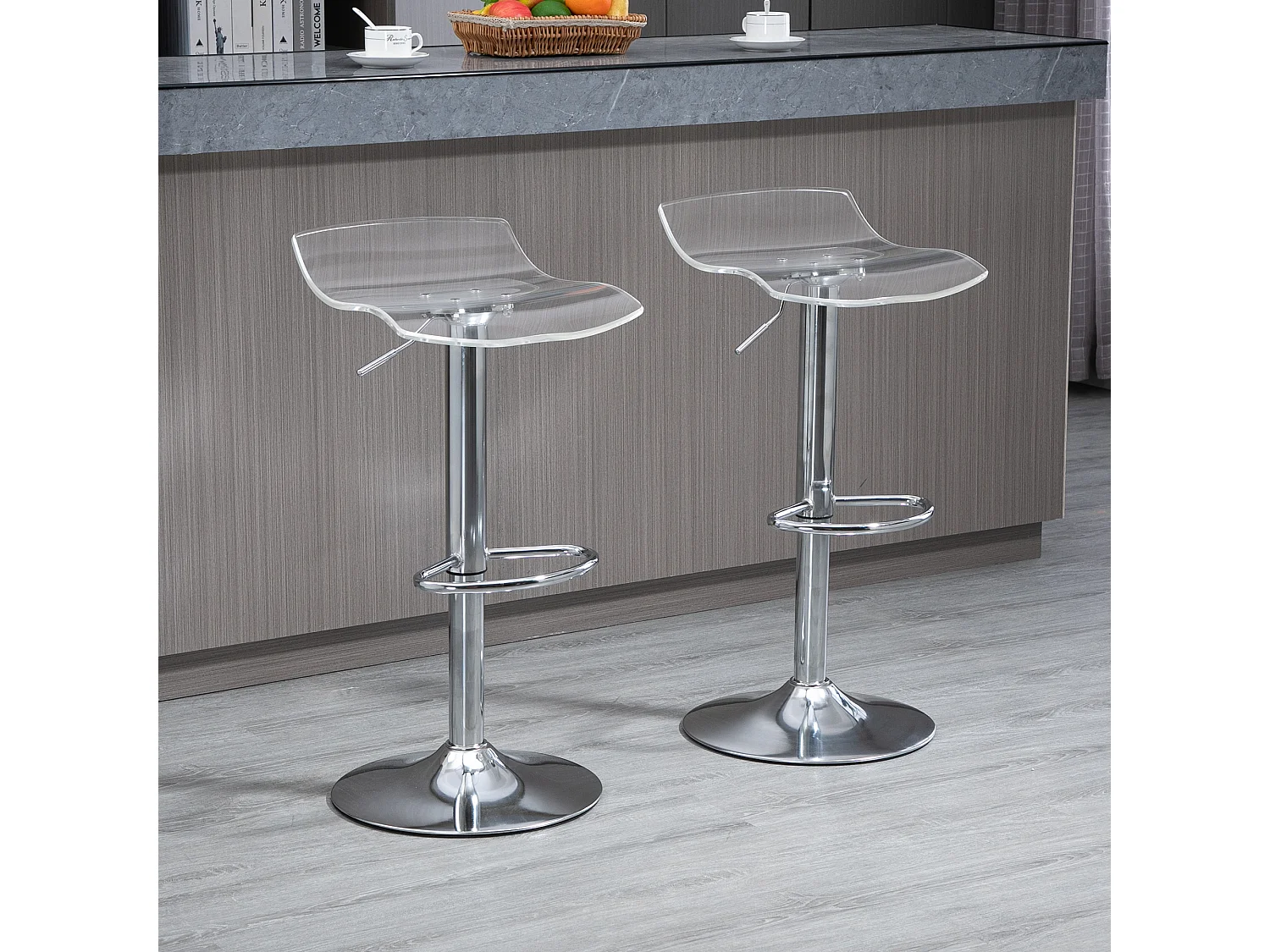 Lot de 2 tabourets de bar design contemporain assise acrylique et piètement métal - pivotant 360° - hauteur réglable avec repose-pieds - transparent