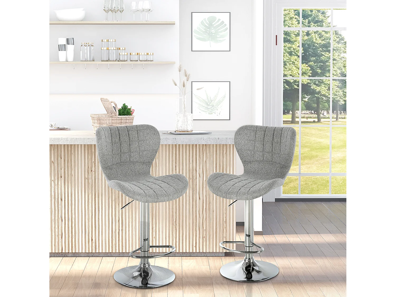 Lot de 2 tabourets de bar design contemporain hauteur d'assise réglable 59-81 cm pivotant 360° lin gris