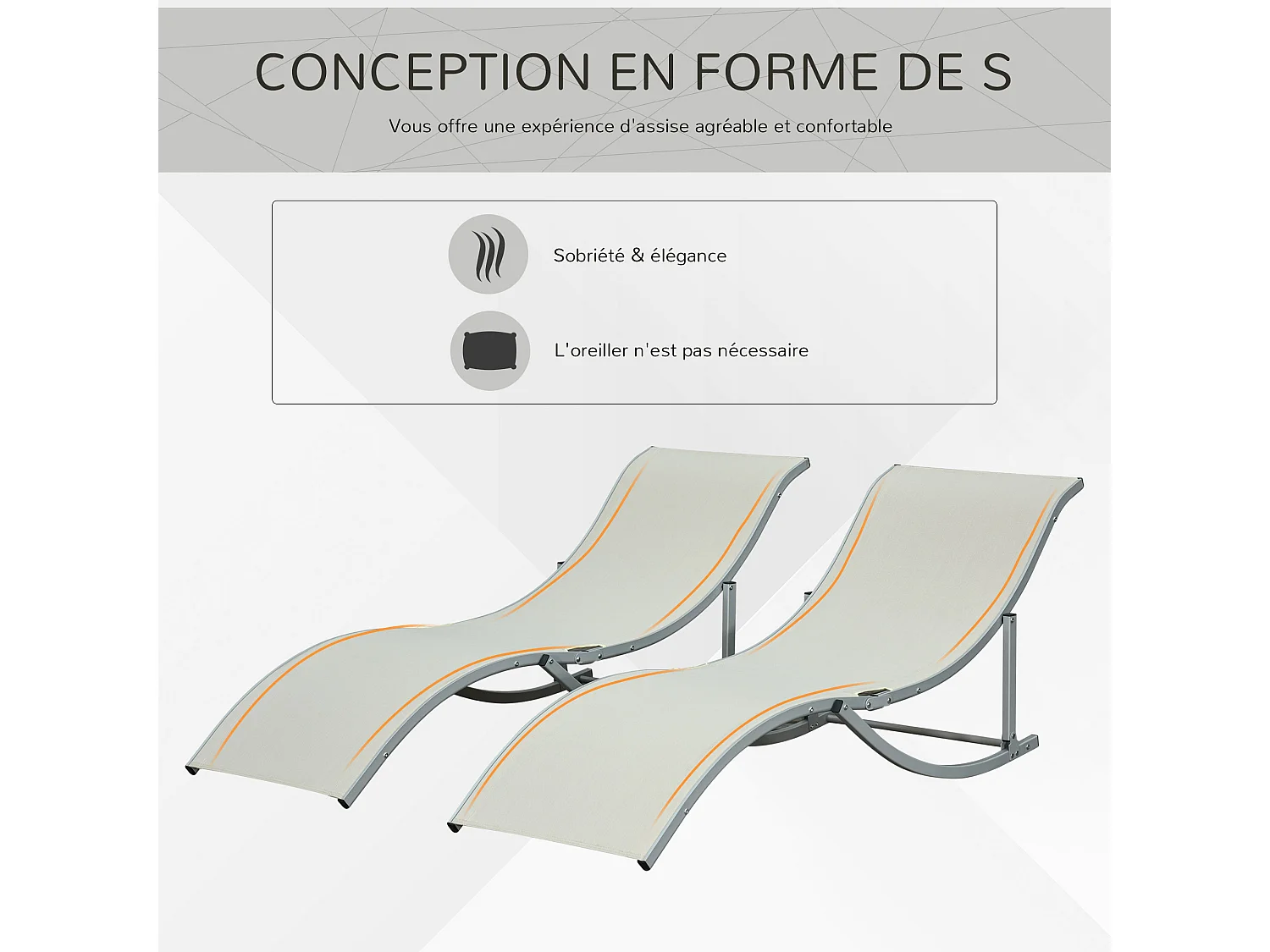 Lot de 2 bains de soleil pliables design contemporain - lot de 2 transats ergonomiques - alu. textilène beige