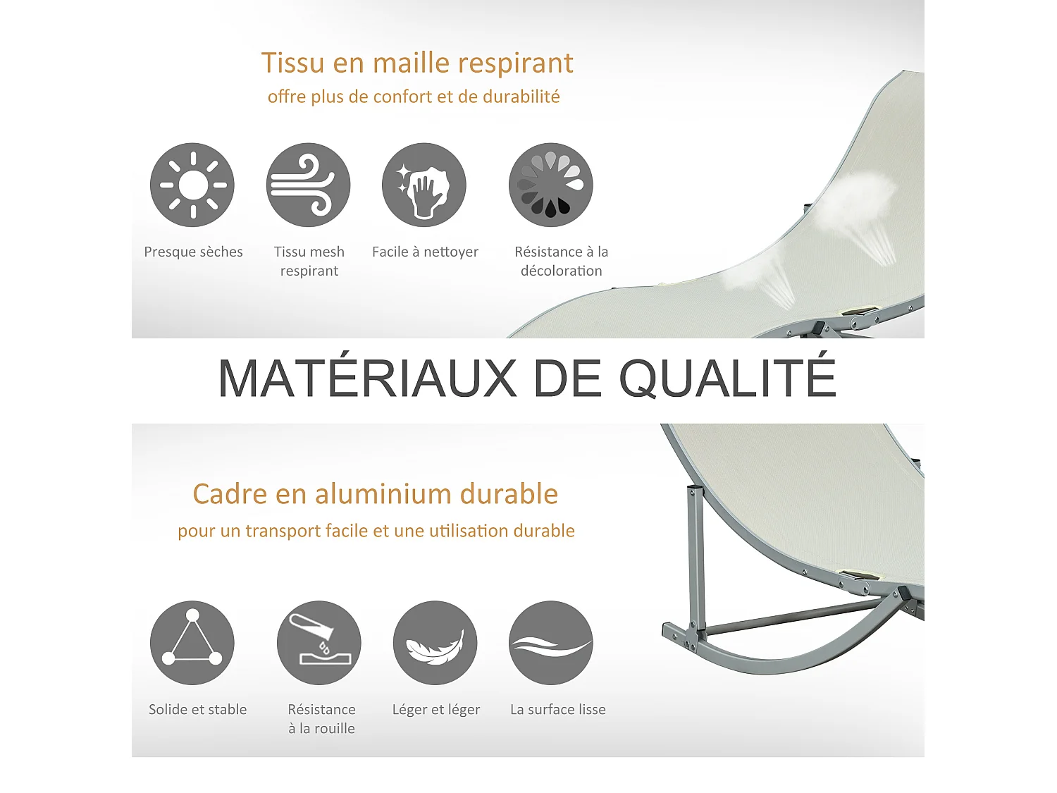 Lot de 2 bains de soleil pliables design contemporain - lot de 2 transats ergonomiques - alu. textilène beige