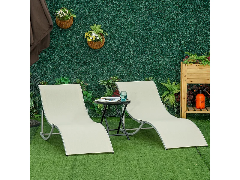 Lot de 2 bains de soleil pliables design contemporain - lot de 2 transats ergonomiques - alu. textilène beige