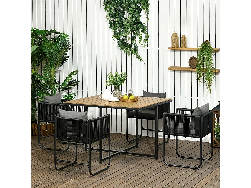 Salon de jardin 4 personnes encastrable avec coussins zippés déperlants métal résine noir effet bois