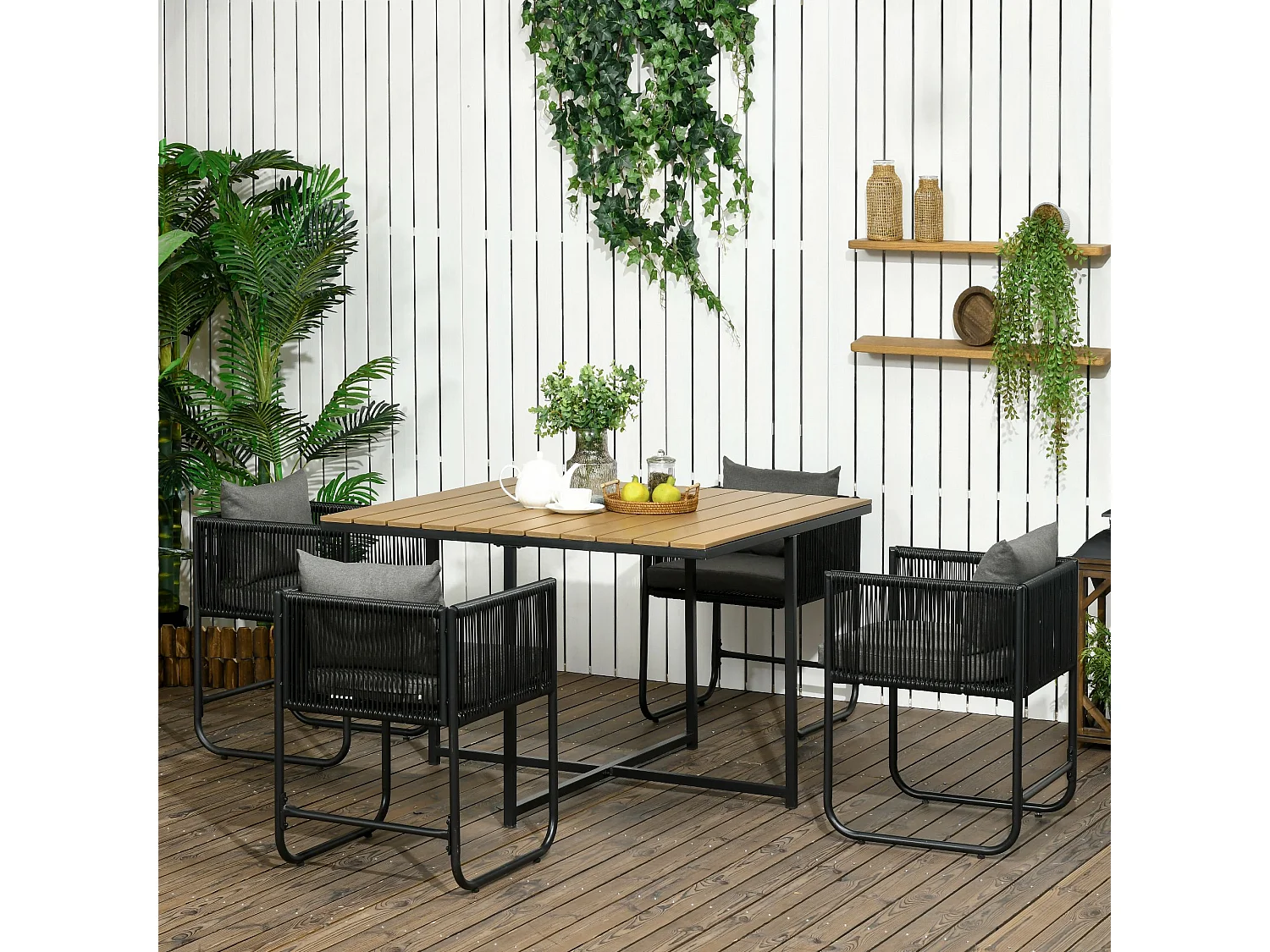 Salon de jardin 4 personnes encastrable avec coussins zippés déperlants métal résine noir effet bois