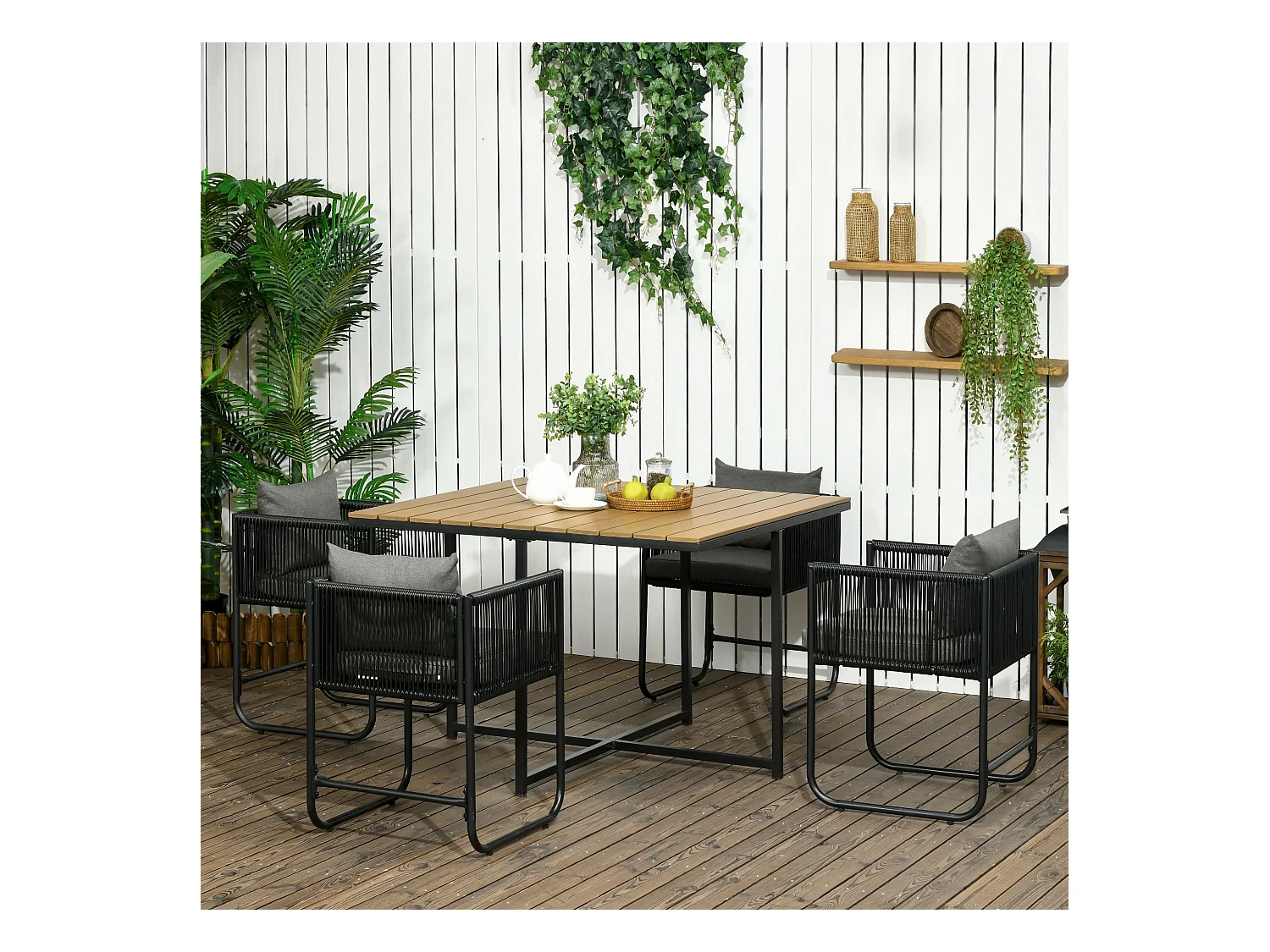 Salon de jardin 4 personnes encastrable avec coussins zippés déperlants métal résine noir effet bois