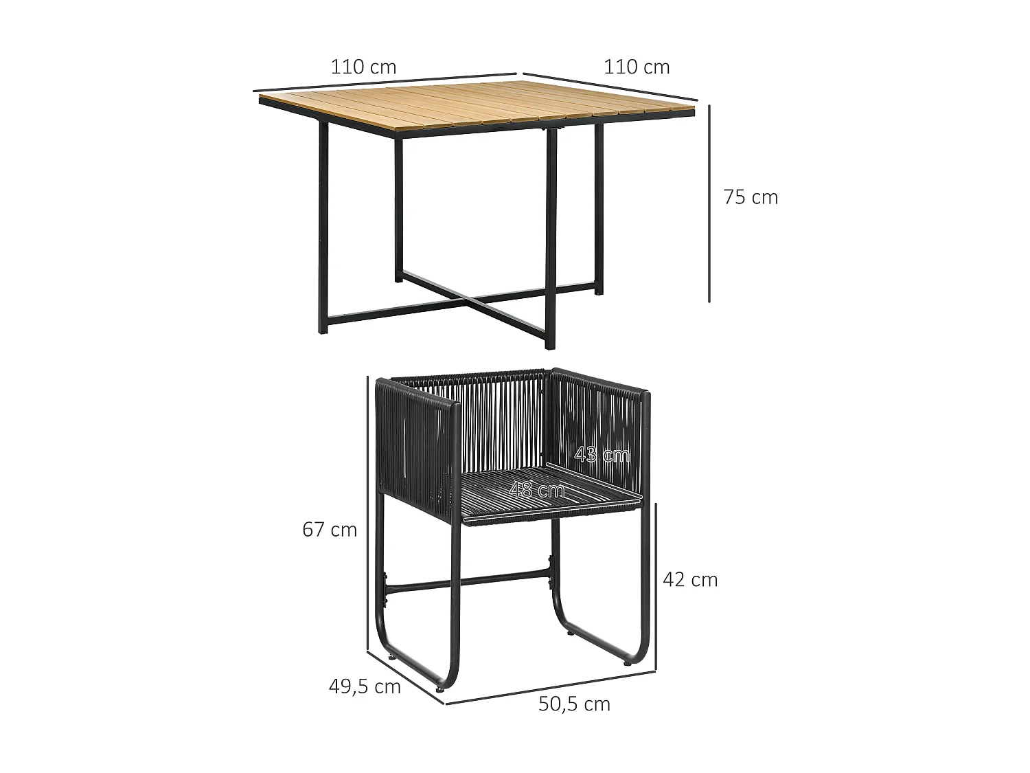 Salon de jardin 4 personnes encastrable avec coussins zippés déperlants métal résine noir effet bois