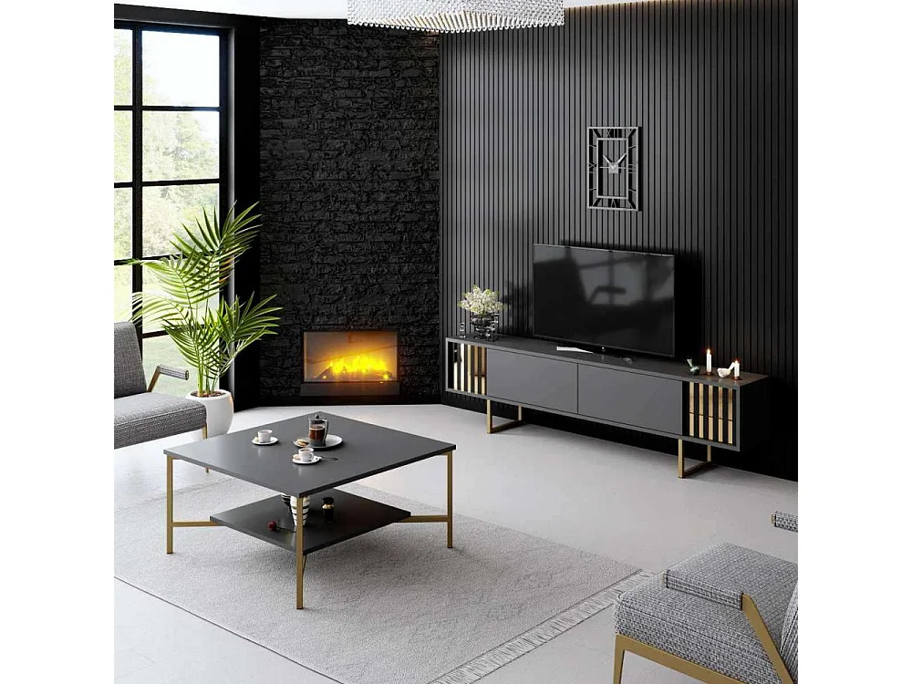 Mueble de TV – 180 cm x 30 cm x 48 cm – Antracita y Oro – MDF