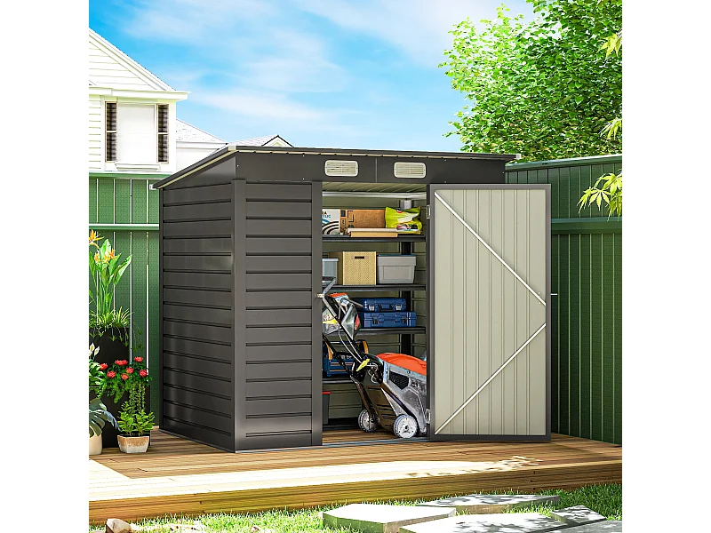 Abri de jardin cabanon dim. 191L x 130l x 166H cm porte verrouillable ventilations tôle acier ondulé gris