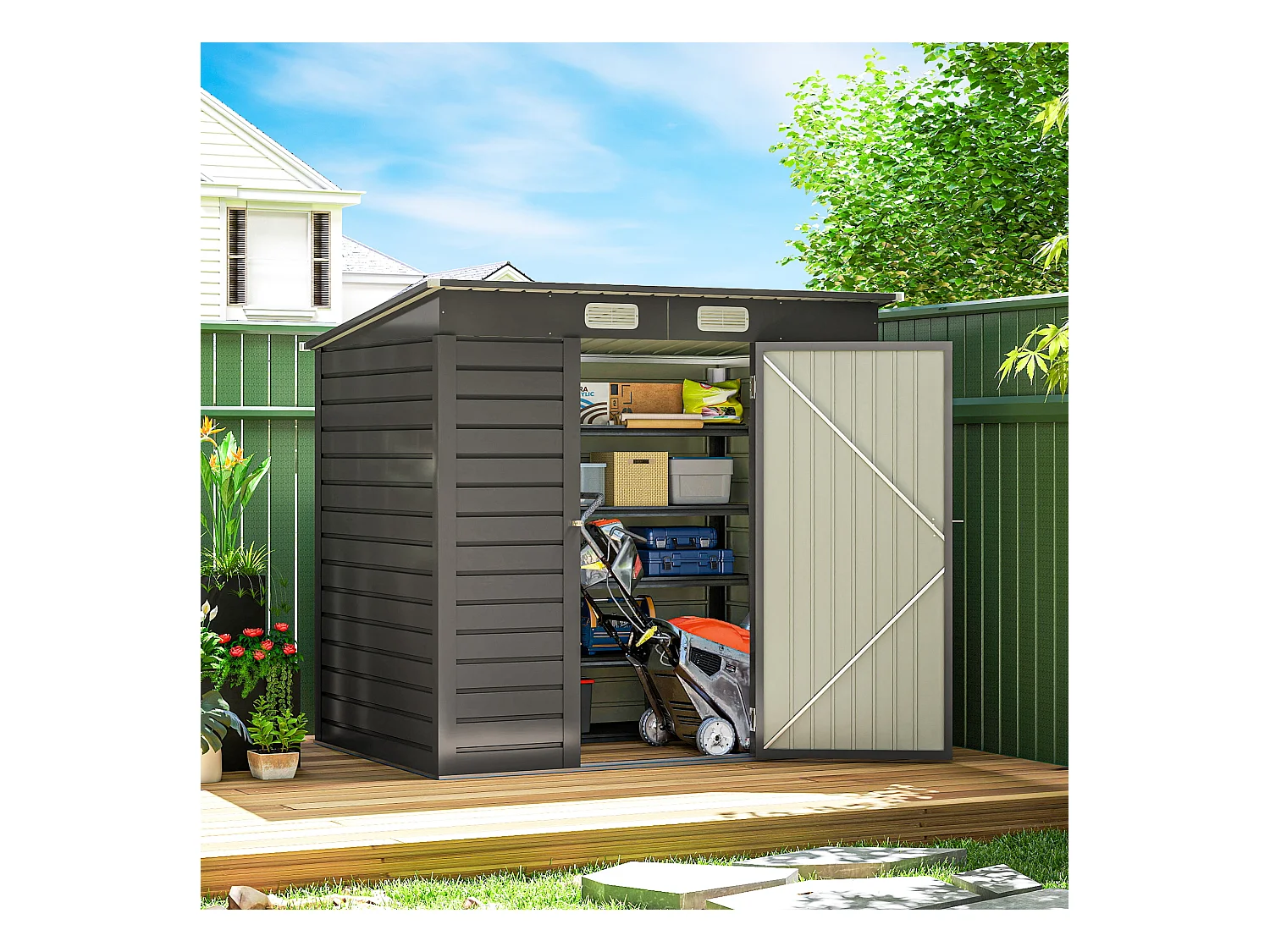 Abri de jardin cabanon dim. 191L x 130l x 166H cm porte verrouillable ventilations tôle acier ondulé gris