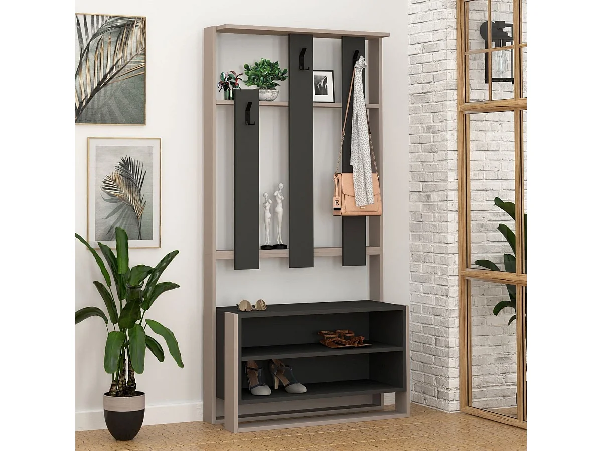 Meuble d'entrée 3 tablettes et 3 crochets porte manteaux H180 cm - Chester