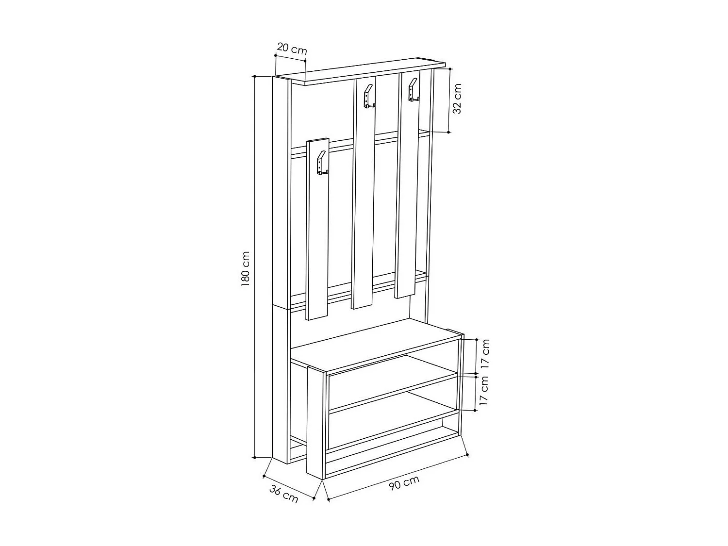 Mueble de entrada 3 estantes y 3 ganchos para abrigos H180 cm - Chester