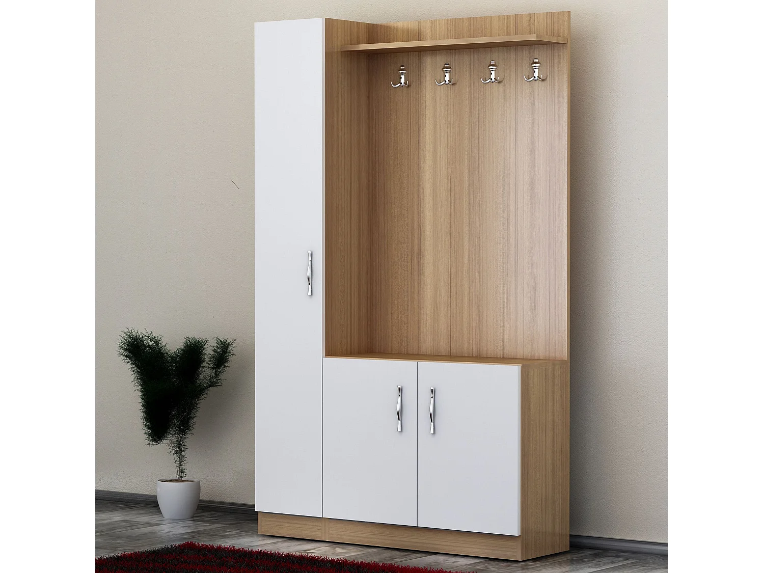 Set mobili da ingresso Kailua 595, 180x110x30cm, Bianco|Teak, Truciolare laminato