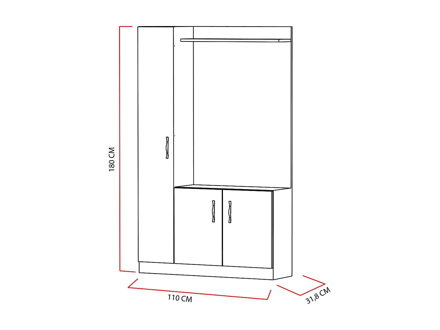 Set mobili da ingresso Kailua 595, 180x110x30cm, Bianco|Teak, Truciolare laminato