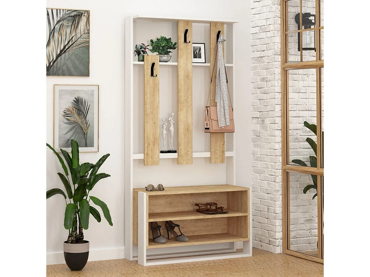 Meuble d'entrée 3 tablettes et 3 crochets porte manteaux H180 cm - Chester