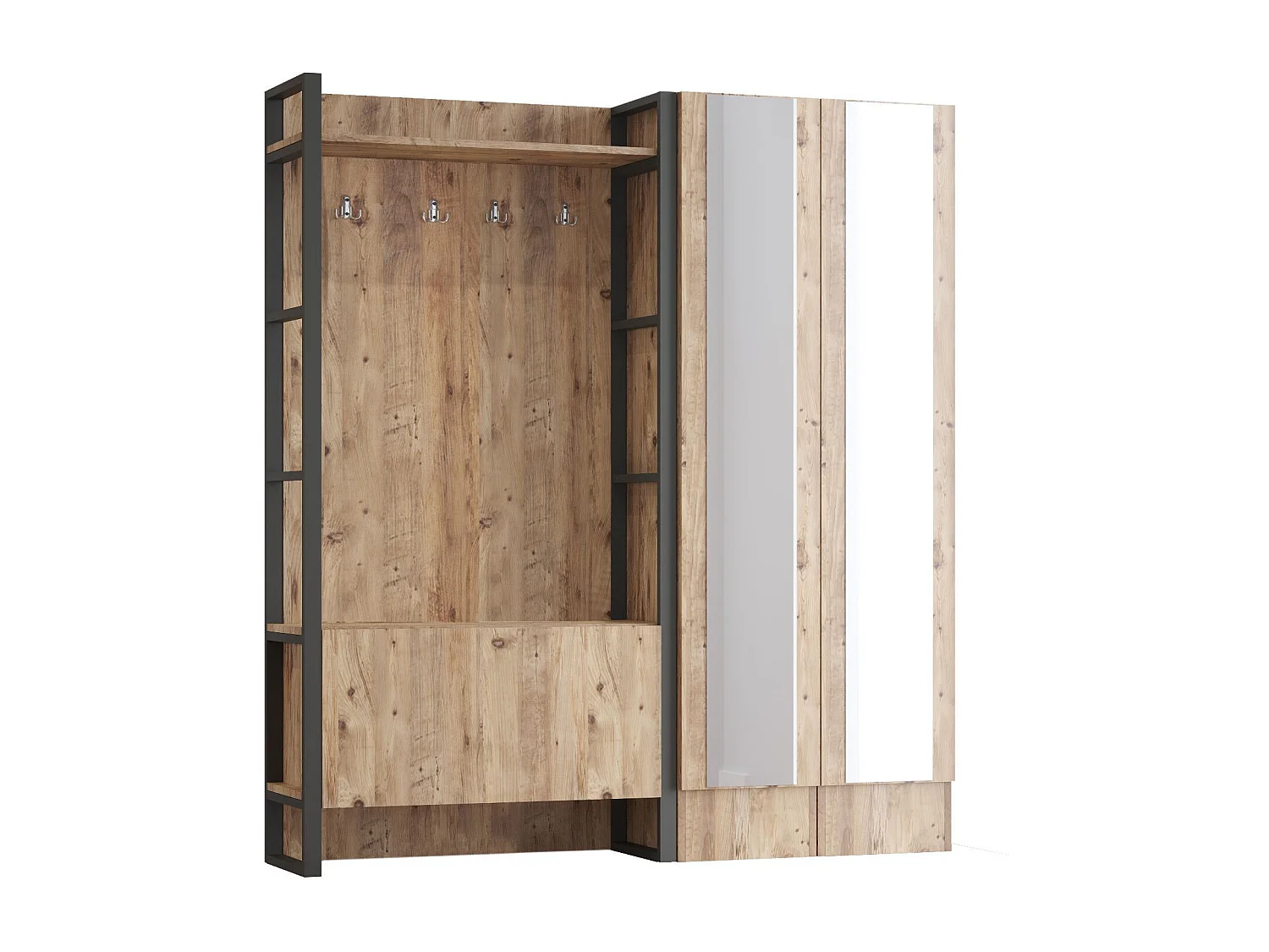 Meuble d'entrée style Industriel Alberka 2 portes à droite avec miroirs Métal noir et Chêne clair