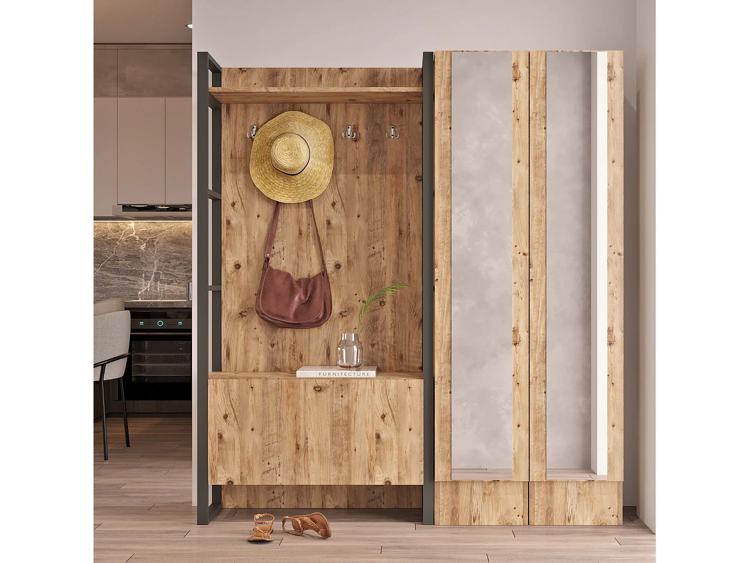 Meuble d'entrée style Industriel Alberka 2 portes à droite avec miroirs Métal noir et Chêne clair