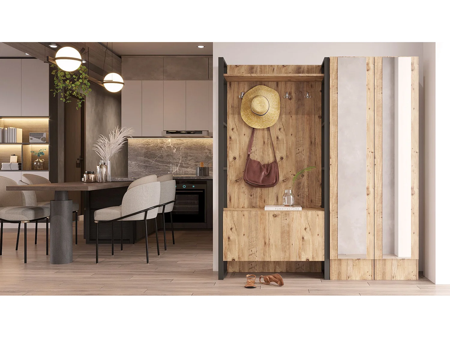 Meuble d'entrée style Industriel Alberka 2 portes à droite avec miroirs Métal noir et Chêne clair